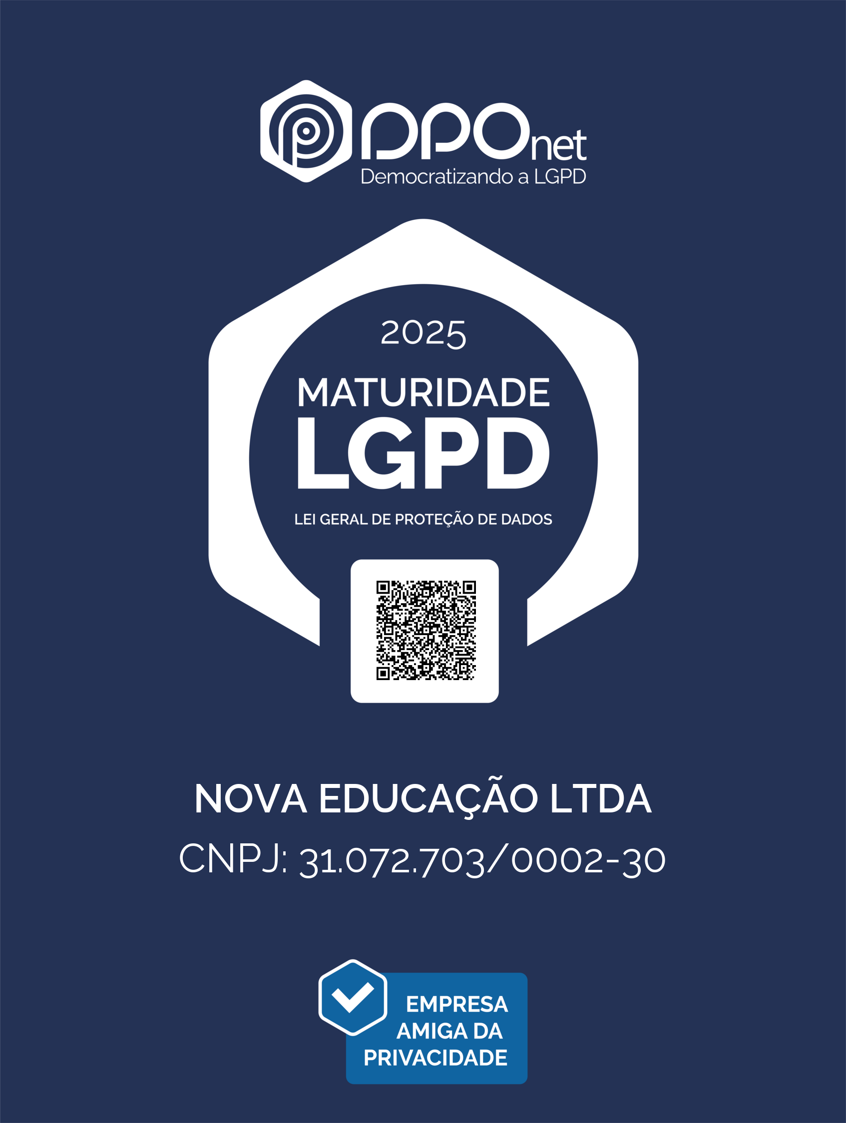 Selo LGPD - NOVA EDUCAÇÃO LTDA - Empresa Amiga da Privacidade